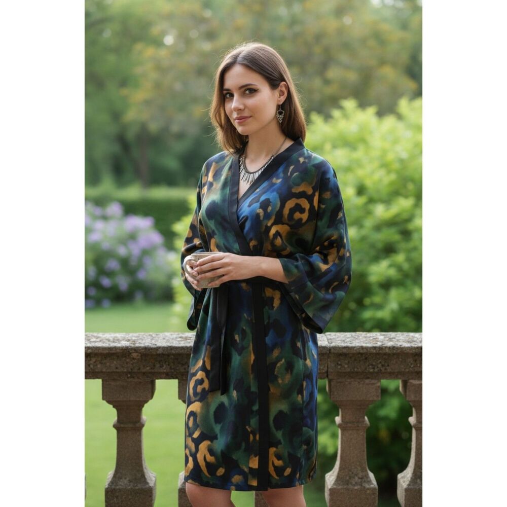 Liquid Leopard" Premium 100% Pure Silk Kimono Robe Luxury Lounge Duster